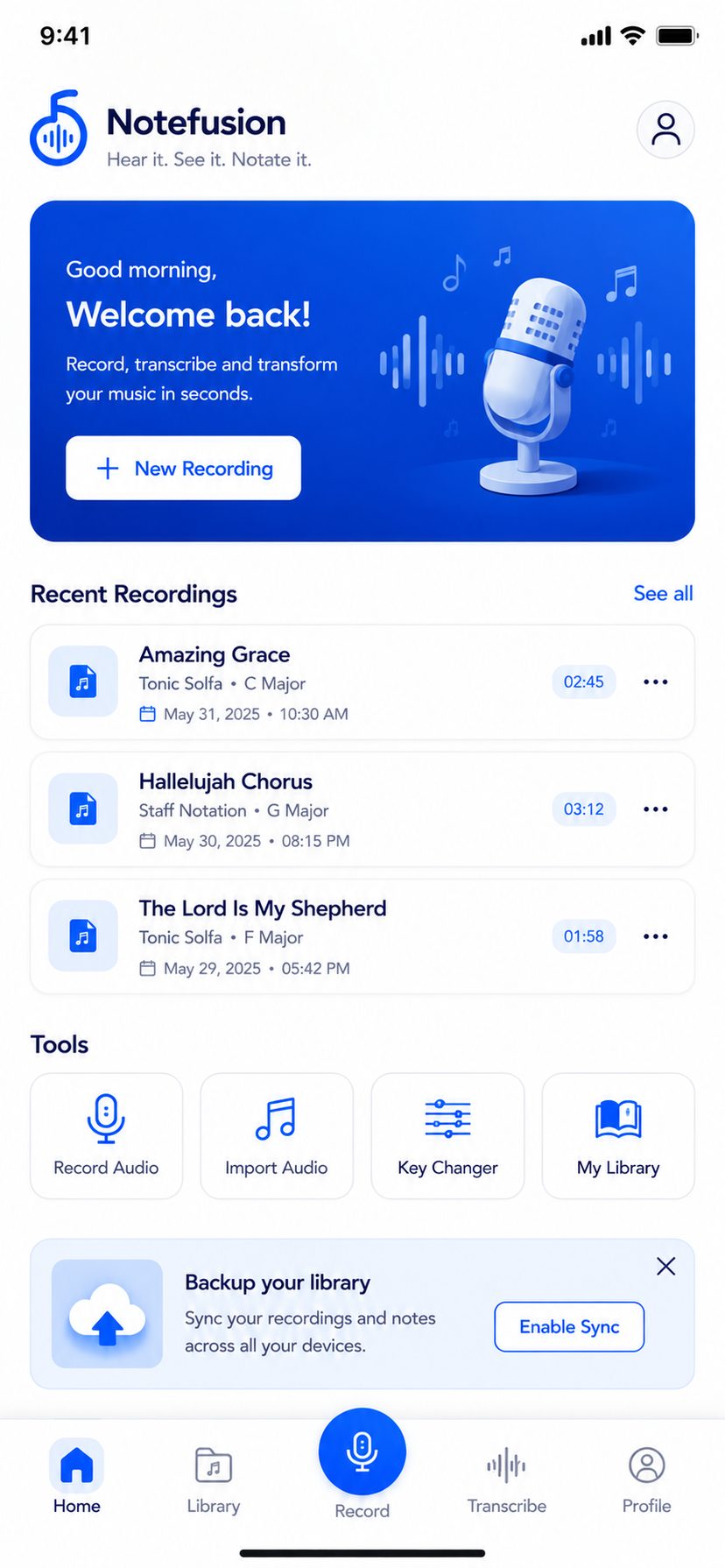 The NoteFusion home screen, showing recent recordings with their keys and durations